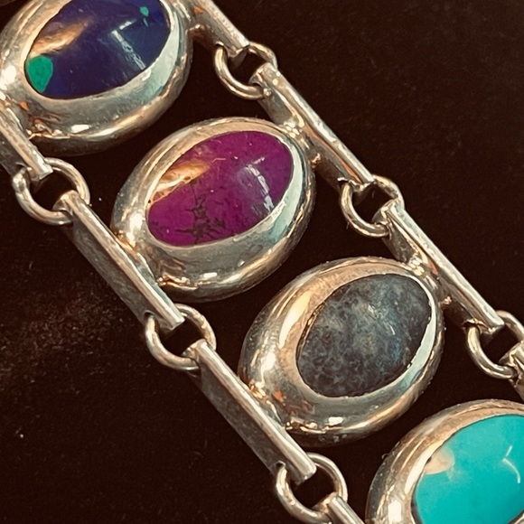 Beautiful 950 Fine Silver Mexico Multi Stone Inlay Link 7.5” Bracelet - Picture 6 of 10